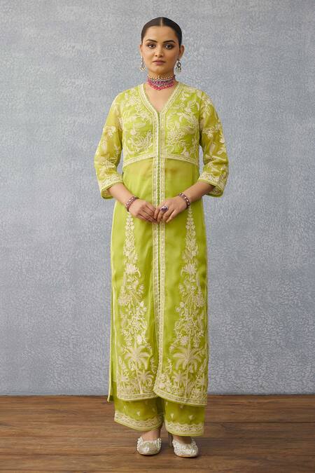 Shop Torani Green Organza Embroidery V-neck Angoori Udita Kurta Set Online at Aza Fashions Shop_Torani_Green Organza Embroidery V-neck Angoori Udita Kurta Set _Online_at_Aza_Fashions