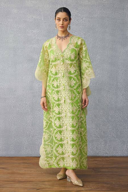 Buy_Torani_Green Organza Tassels, Embroidery V-neck Angoori Aqsa Kaftan Set _Online_at_Aza_Fashions