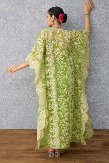 Shop_Torani_Green Organza Tassels, Embroidery V-neck Angoori Aqsa Kaftan Set _at_Aza_Fashions