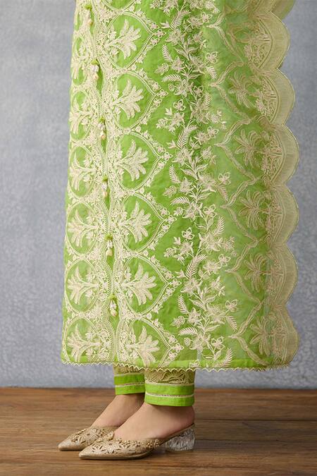 Shop_Torani_Green Organza Tassels, Embroidery V-neck Angoori Aqsa Kaftan Set _Online_at_Aza_Fashions