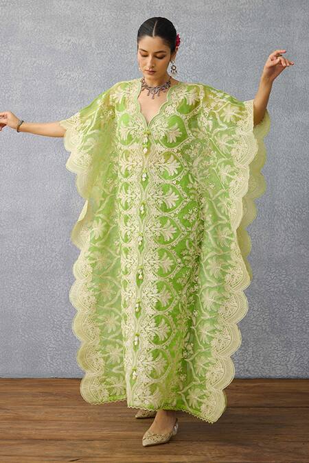 Torani_Green Organza Tassels, Embroidery V-neck Angoori Aqsa Kaftan Set _at_Aza_Fashions