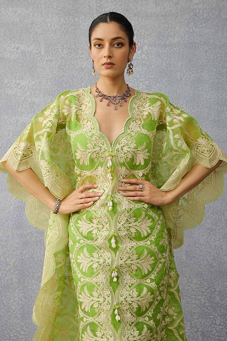 Buy_Torani_Green Organza Tassels, Embroidery V-neck Angoori Aqsa Kaftan Set 