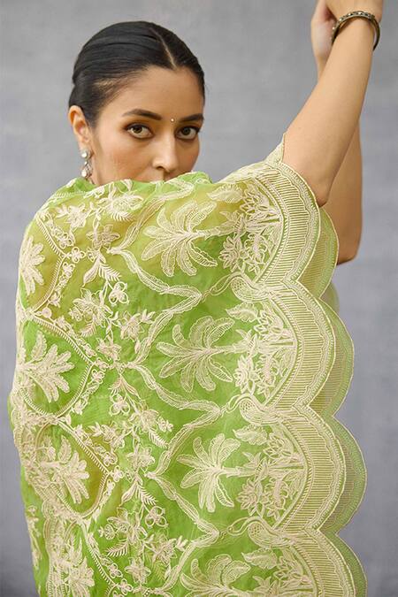 Shop_Torani_Green Organza Tassels, Embroidery V-neck Angoori Aqsa Kaftan Set 