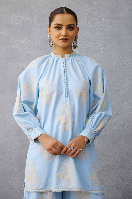 Torani_Blue Linen Embroidery Round Neck Shirt Tunic And Pant Set _Online_at_Aza_Fashions