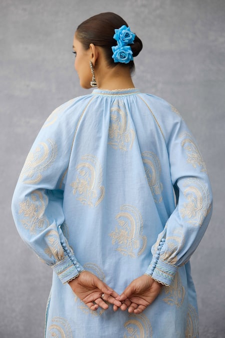 Buy_Torani_Blue Linen Embroidery Round Neck Shirt Tunic And Pant Set _Online_at_Aza_Fashions