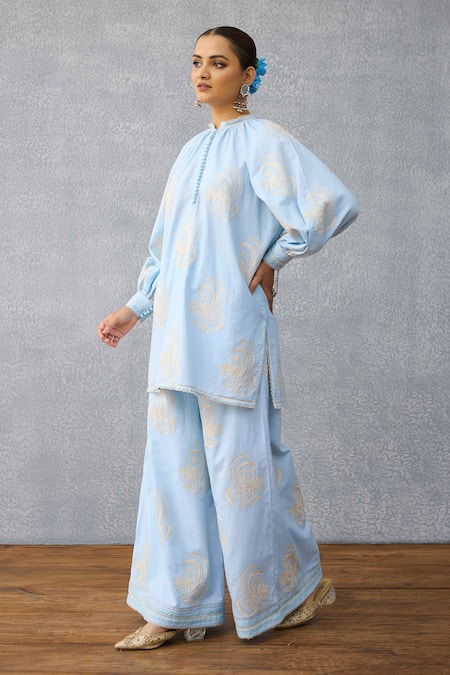 Shop_Torani_Blue Linen Embroidery Round Neck Shirt Tunic And Pant Set _Online_at_Aza_Fashions