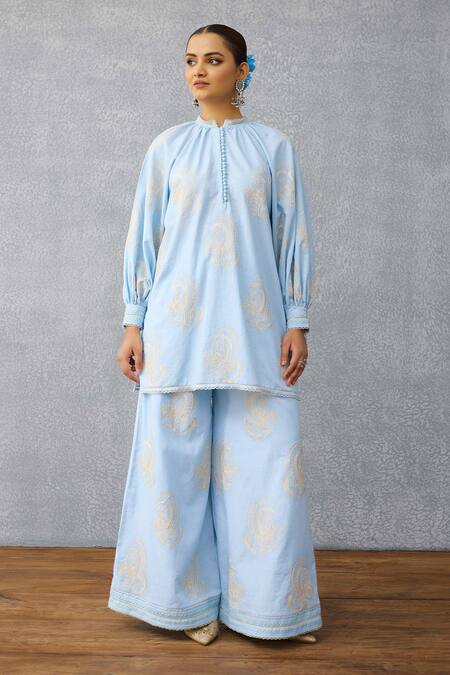 Torani_Blue Linen Embroidery Round Neck Shirt Tunic And Pant Set _at_Aza_Fashions