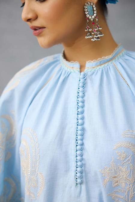 Buy_Torani_Blue Linen Embroidery Round Neck Shirt Tunic And Pant Set 