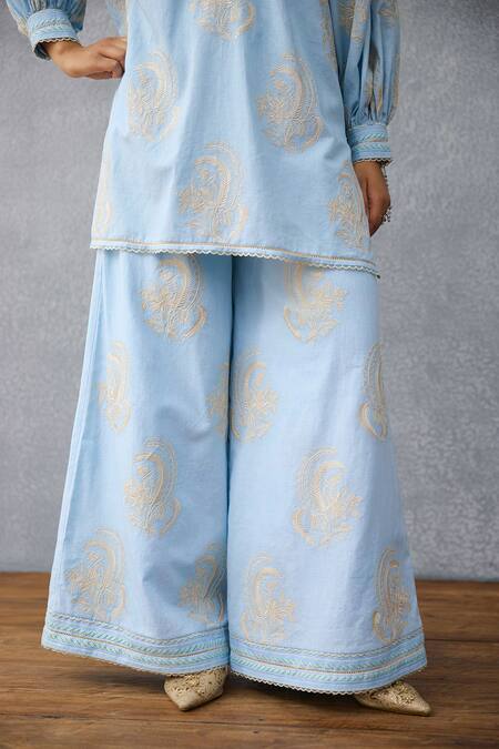 Shop_Torani_Blue Linen Embroidery Round Neck Shirt Tunic And Pant Set 