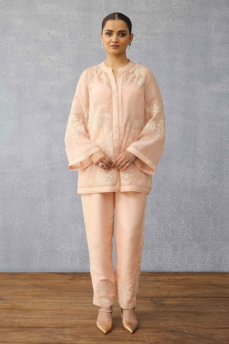 Buy Torani Peach Linen Embroidery Plunge , Round Co-ord Set Online at Aza Fashions Buy_Torani_Peach Linen Embroidery Plunge , Round Co-ord Set _Online_at_Aza_Fashions