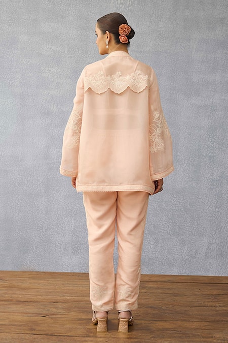 Torani Embroidered Peach Linen Co-ord Set 