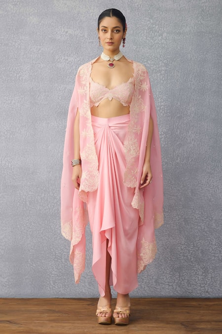 Shop Torani Pink Silk, Crepe, Organza Embroidery Gulaban Zuri Cape Set Shop_Torani_Pink Silk, Crepe, Organza Embroidery Gulaban Zuri Cape Set