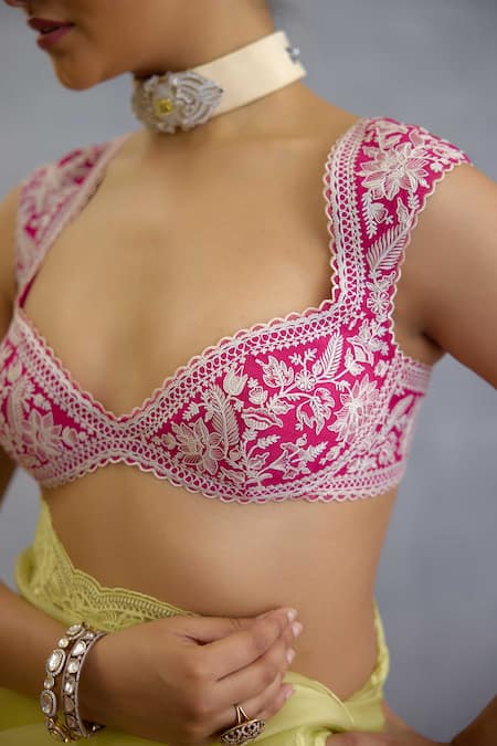 Torani_Pink Tassels, Embroidery Sweetheart Neck Gul-baag Afrah Designer Blouse _Online_at_Aza_Fashions