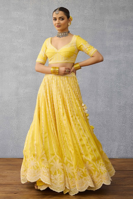 Shop Torani Yellow Organza, Net Tassels, Embroidery Kasmai Wrija Lehenga Set at Aza Fashions Shop_Torani_Yellow Organza, Net Tassels, Embroidery Kasmai Wrija Lehenga Set _at_Aza_Fashions