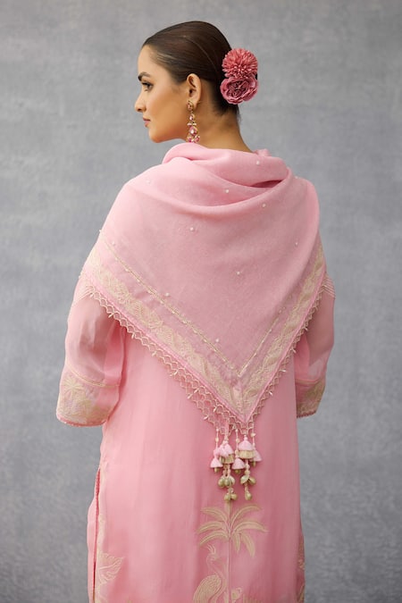 Shop Torani Pink Embroidery, Tassels Gulaban Yamini Scarf at Aza Fashions Shop_Torani_Pink Embroidery, Tassels Gulaban Yamini Scarf _at_Aza_Fashions