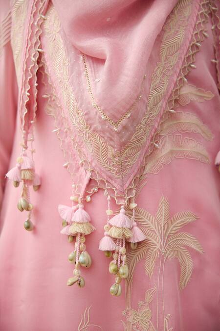 Shop Torani Pink Embroidery, Tassels Gulaban Yamini Scarf Online at Aza Fashions Shop_Torani_Pink Embroidery, Tassels Gulaban Yamini Scarf _Online_at_Aza_Fashions