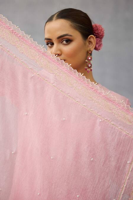 Shop Torani Pink Embroidery, Tassels Gulaban Yamini Scarf Shop_Torani_Pink Embroidery, Tassels Gulaban Yamini Scarf