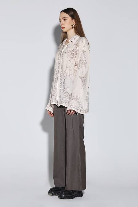 Dark Hour_Emerald Green Viscose, Satin Collared Ecru Printed Designer Shirt _Online_at_Aza_Fashions