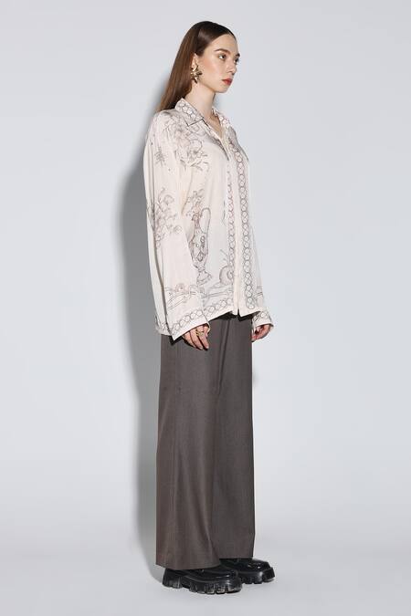 Buy_Dark Hour_Emerald Green Viscose, Satin Collared Ecru Printed Designer Shirt _Online_at_Aza_Fashions