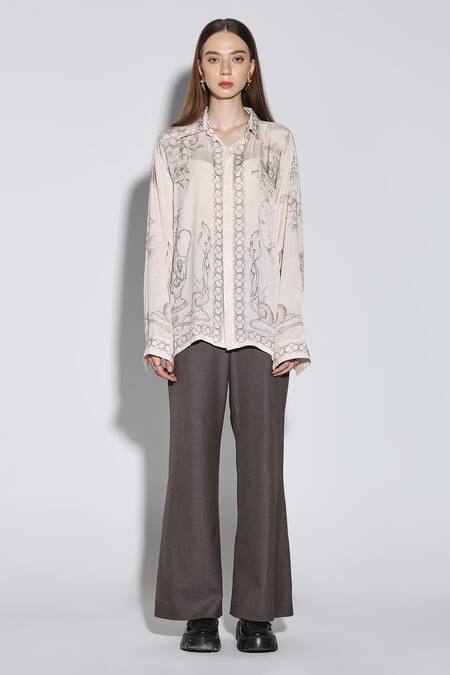 Shop_Dark Hour_Emerald Green Viscose, Satin Collared Ecru Printed Designer Shirt _Online_at_Aza_Fashions