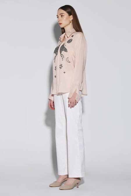 Dark Hour_Peach Cotton Embroidery, Sequins Collared Clive Shirt _Online_at_Aza_Fashions