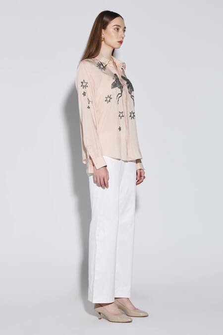 Buy_Dark Hour_Peach Cotton Embroidery, Sequins Collared Clive Shirt _Online_at_Aza_Fashions