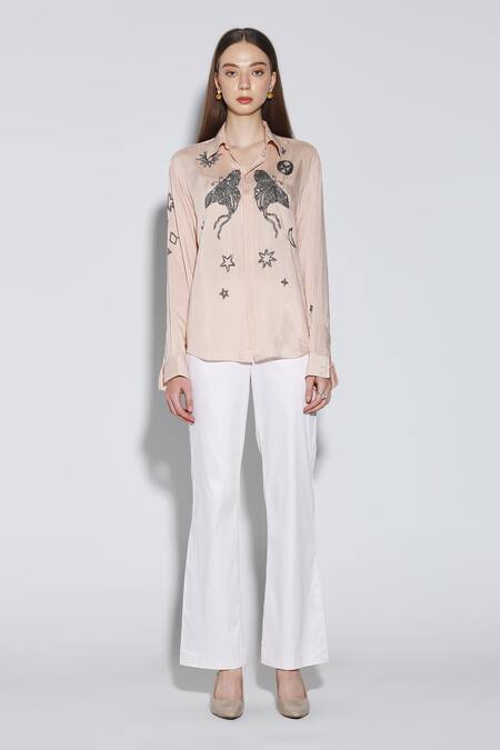 Shop_Dark Hour_Peach Cotton Embroidery, Sequins Collared Clive Shirt _Online_at_Aza_Fashions