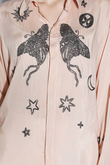 Dark Hour_Peach Cotton Embroidery, Sequins Collared Clive Shirt _at_Aza_Fashions