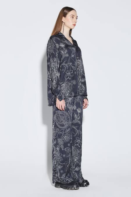 Buy_Dark Hour_Black Modal, Satin Collared Floral Print Co-ord Set _Online_at_Aza_Fashions