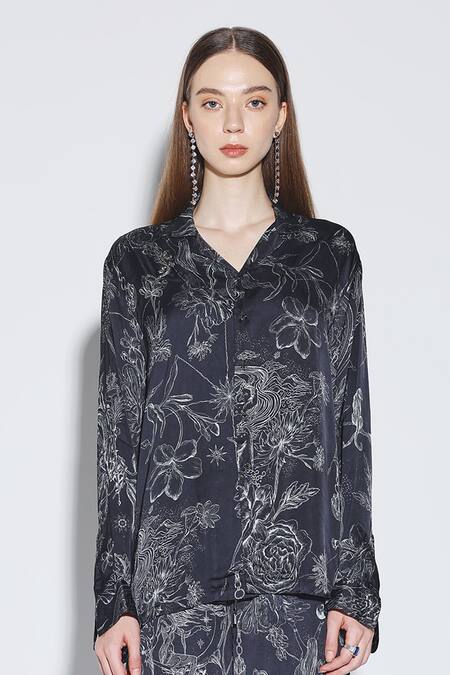 Shop_Dark Hour_Black Modal, Satin Collared Floral Print Co-ord Set _Online_at_Aza_Fashions