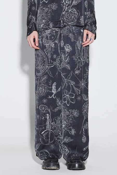 Dark Hour_Black Modal, Satin Collared Floral Print Co-ord Set _at_Aza_Fashions