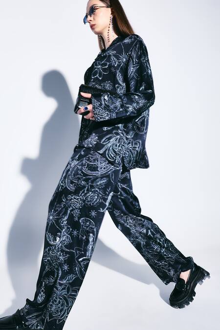 Buy_Dark Hour_Black Modal, Satin Collared Floral Print Co-ord Set 