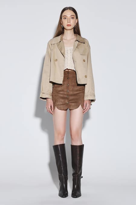 Dark Hour_Beige Cotton Collared Cropped Jacket _Online_at_Aza_Fashions