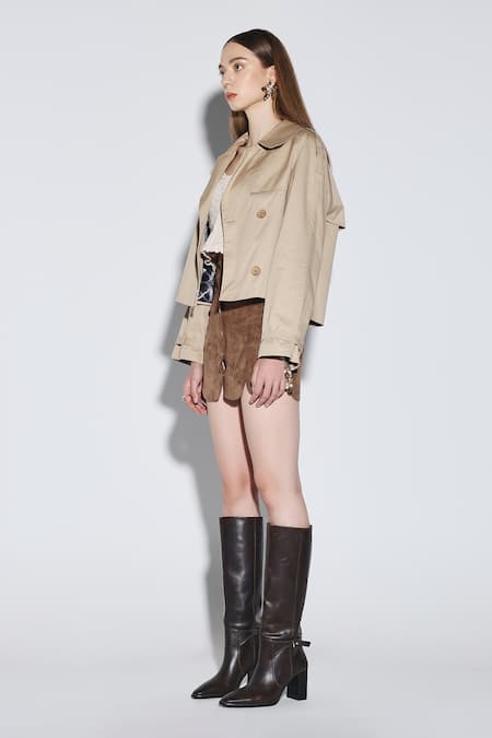 Buy_Dark Hour_Beige Cotton Collared Cropped Jacket _Online_at_Aza_Fashions
