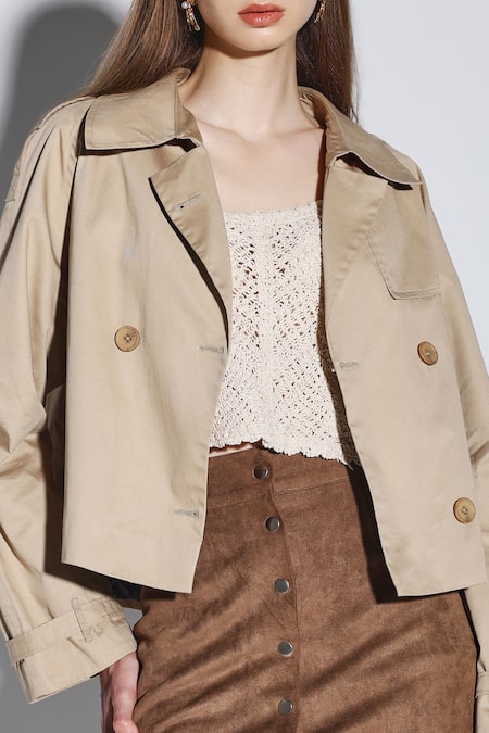 Shop_Dark Hour_Beige Cotton Collared Cropped Jacket _Online_at_Aza_Fashions
