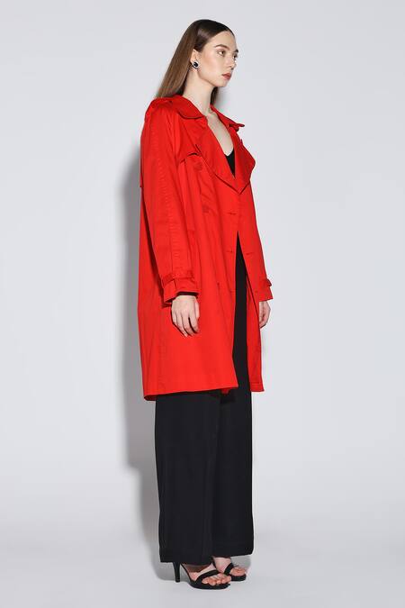 Dark Hour_Red Cotton Orange Twill Trench Coat _Online_at_Aza_Fashions