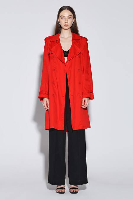 Shop_Dark Hour_Red Cotton Orange Twill Trench Coat _Online_at_Aza_Fashions