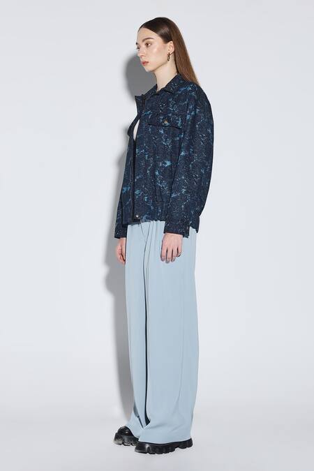 Buy_Dark Hour_Black Denim Embroidery Open Neck Calypso Jacket _Online_at_Aza_Fashions