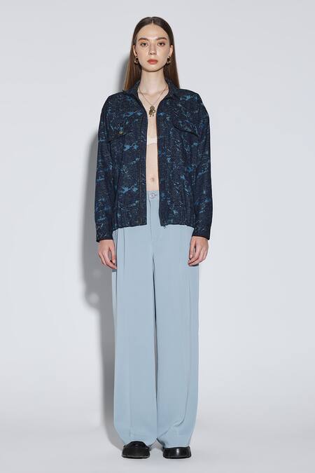 Shop_Dark Hour_Black Denim Embroidery Open Neck Calypso Jacket _Online_at_Aza_Fashions