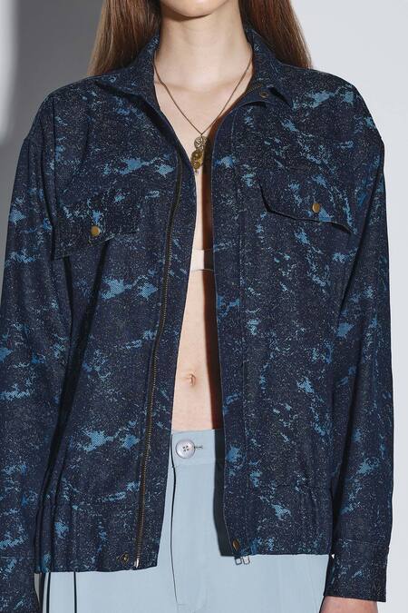 Dark Hour_Black Denim Embroidery Open Neck Calypso Jacket _at_Aza_Fashions