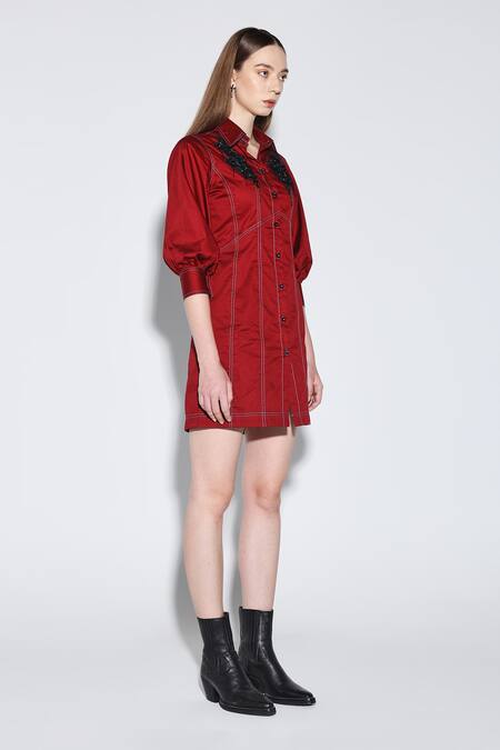 Dark Hour_Maroon Cotton Satin Fabric Flowers Collared Dress _Online_at_Aza_Fashions