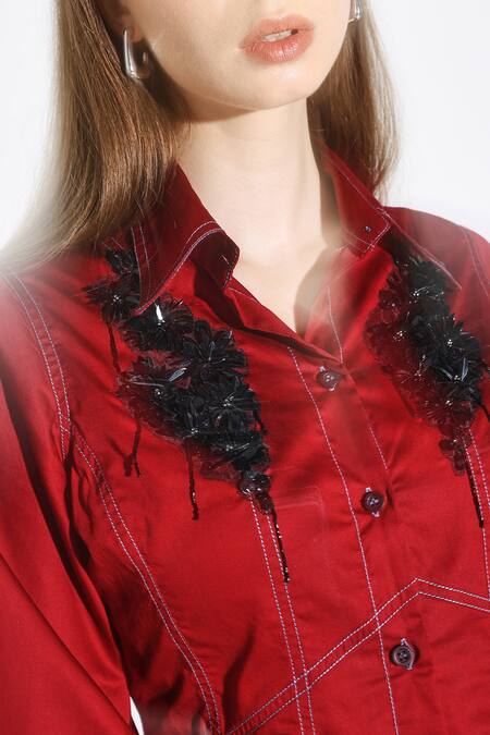 Buy_Dark Hour_Maroon Cotton Satin Fabric Flowers Collared Dress _Online_at_Aza_Fashions