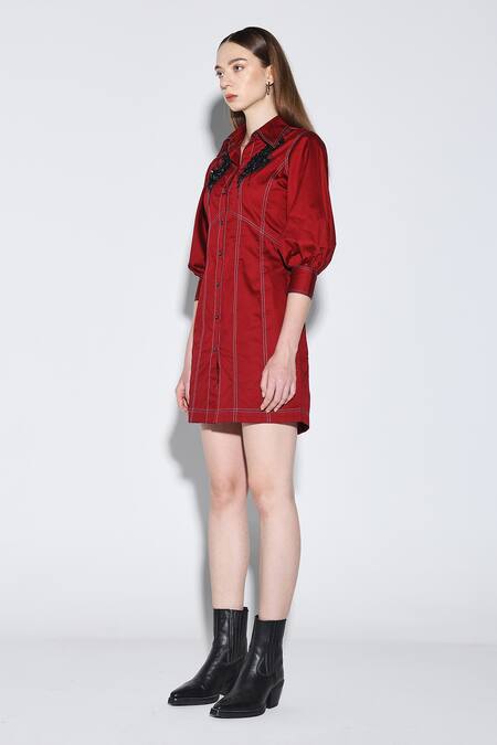 Shop_Dark Hour_Maroon Cotton Satin Fabric Flowers Collared Dress _Online_at_Aza_Fashions