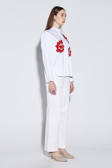 Dark Hour_White Cotton Satin Embroidery Collared Parisa Shirt _Online_at_Aza_Fashions