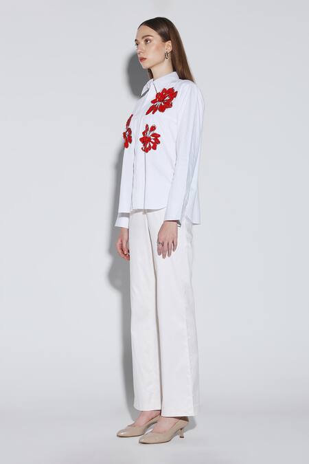 Buy_Dark Hour_White Cotton Satin Embroidery Collared Parisa Shirt _Online_at_Aza_Fashions