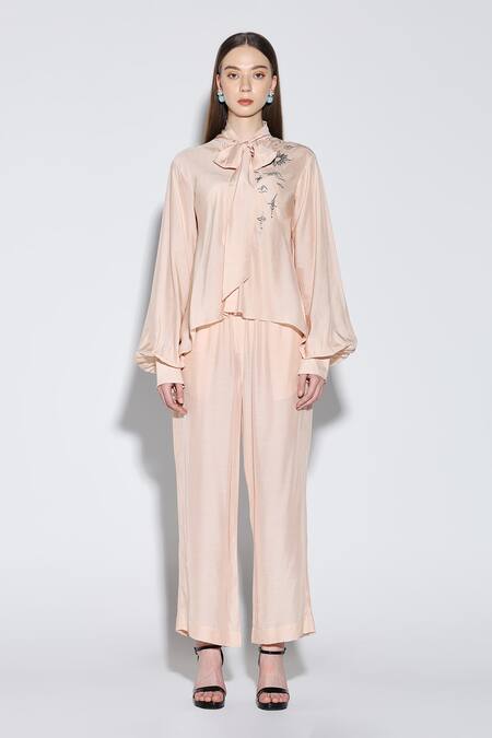 Buy_Dark Hour_Peach Cotton, Silk Embroidery Open Neck Designer Co-ord Set _Online_at_Aza_Fashions