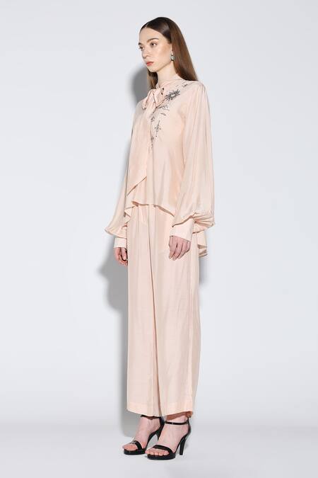 Shop_Dark Hour_Peach Cotton, Silk Embroidery Open Neck Designer Co-ord Set _Online_at_Aza_Fashions