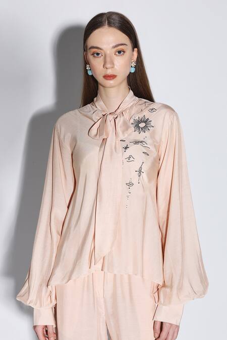 Dark Hour_Peach Cotton, Silk Embroidery Open Neck Designer Co-ord Set _at_Aza_Fashions