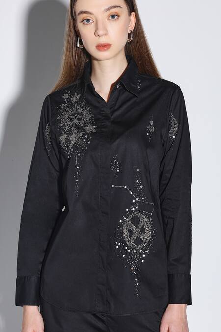 Buy Dark Hour Black Cotton Satin Embroidery Collared Designer Co-ord Set Online at Aza Fashions Buy_Dark Hour_Black Cotton Satin Embroidery Collared Designer Co-ord Set _Online_at_Aza_Fashions