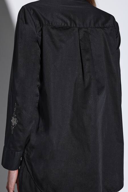 Shop Dark Hour Black Cotton Satin Embroidery Collared Designer Co-ord Set Online at Aza Fashions Shop_Dark Hour_Black Cotton Satin Embroidery Collared Designer Co-ord Set _Online_at_Aza_Fashions